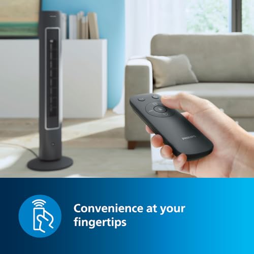 Sleek black Philips tower fan with wide air outlet and automatic oscillation feature