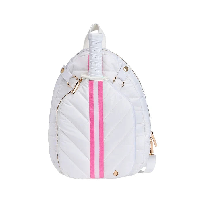 Pickleball HydroSling Bag with Removable Racquet Cover- White Ripstop With Pink Stripe