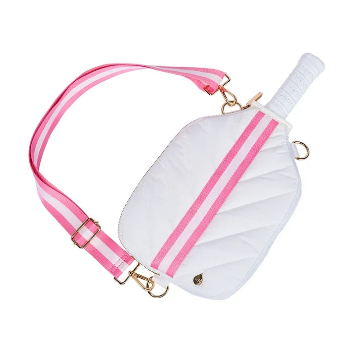 Pickleball HydroSling Bag with Removable Racquet Cover- White Ripstop With Pink Stripe
