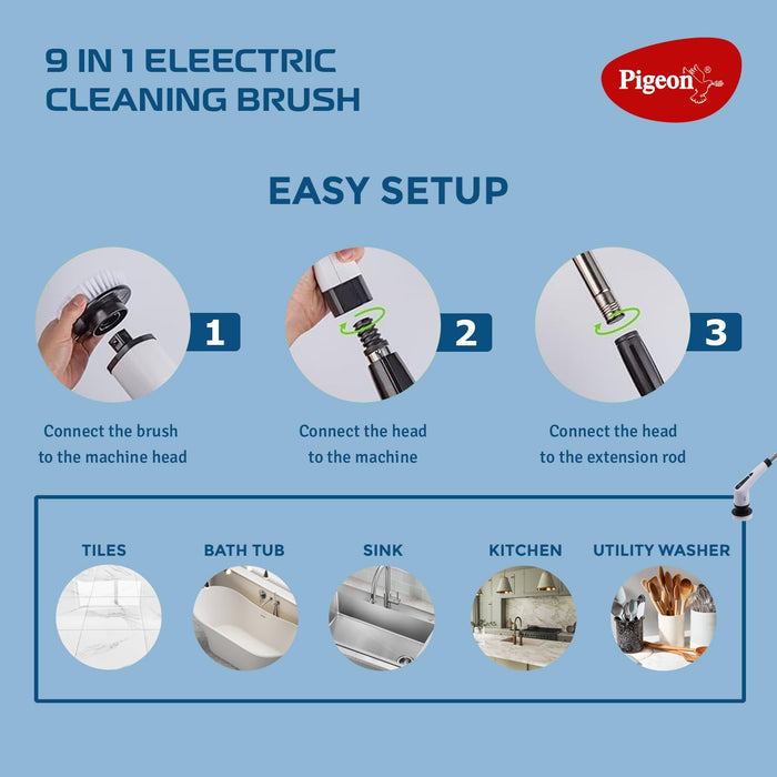 White cordless electric scrubber brush with 9 replaceable heads for bathroom and kitchen cleaning