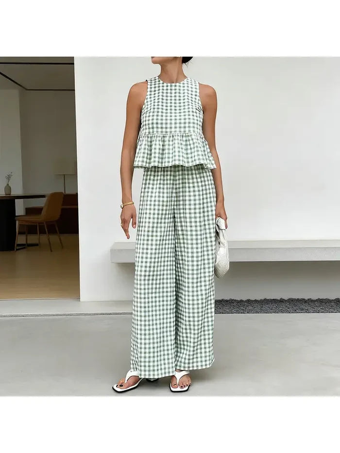 Plaid Patterned Top Straight-Leg Trousers Set