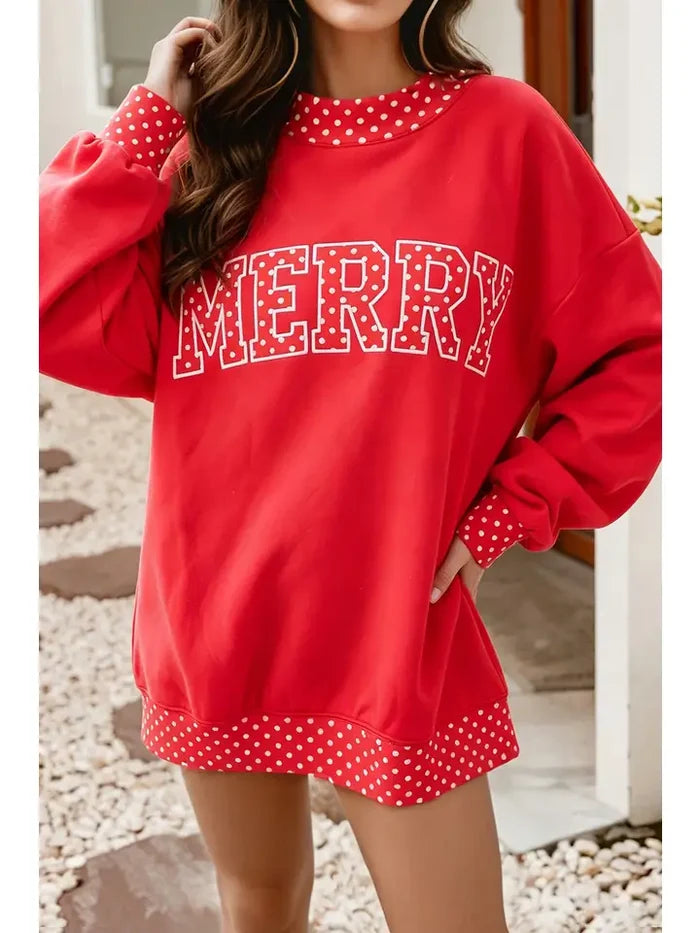 Polka Dot Contrast Holiday Mock Neck Sweatshirt