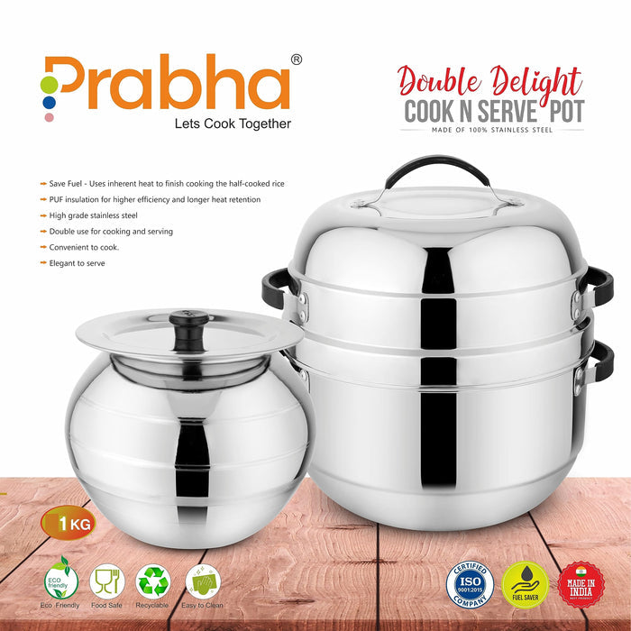 Prabha Stainless Steel Thermal Rice Cooker - Efficient 1Kg Capacity, Thermal Heating, Gas Stove Compatible, Serving Pot, 1-Year Warranty