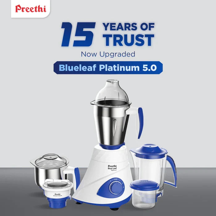 Complete Preethi mixer grinder set showing super big jar, extractor jar, grind and store jar, and chutney jar