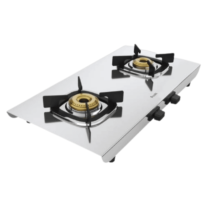 Preethi Glamsteel 2 Burner Gas Stove with stainless steel finish and brass burners