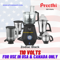 Preethi Zodiac BLACK  550-Watt Mixer Grinder with 5 Jars (110 Volts for use in USA & Canada only)