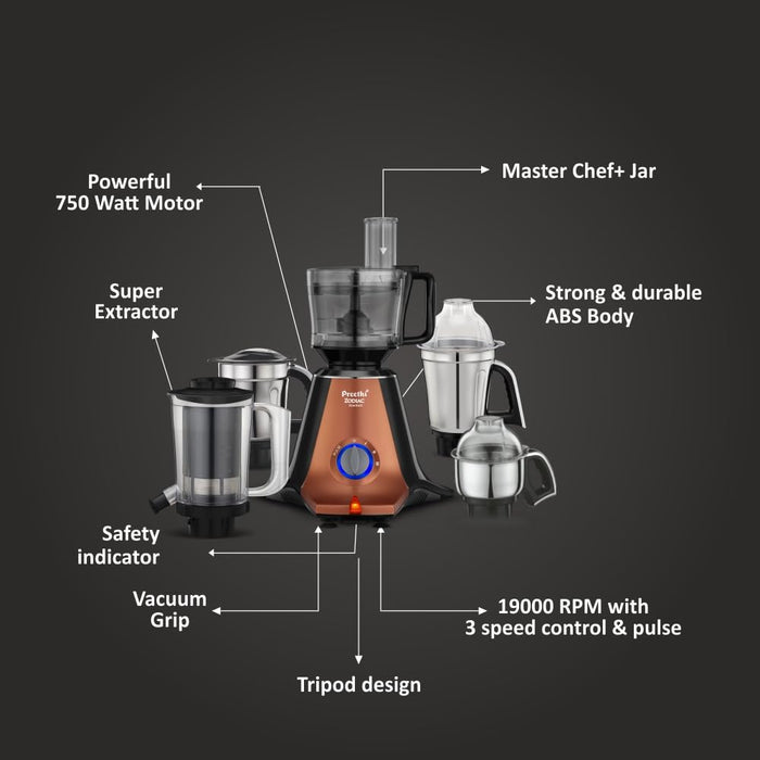 Preethi Zodiac Mixer Grinder 750 Watt, 5 Jars , 5 Yr Motor Warranty MG265 Stardust