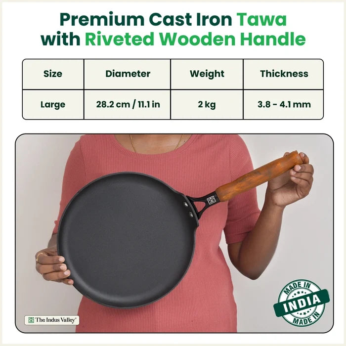 Premium CASTrong Cast Iron Dosa Tawa with Wooden Handle 28.2cm, Pre-seasoned, Naturally Nonstick, 100% Pure, Toxin-free, 2kg