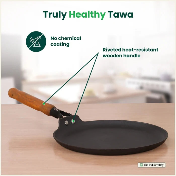 Premium CASTrong Cast Iron Dosa Tawa with Wooden Handle 28.2cm, Pre-seasoned, Naturally Nonstick, 100% Pure, Toxin-free, 2kg