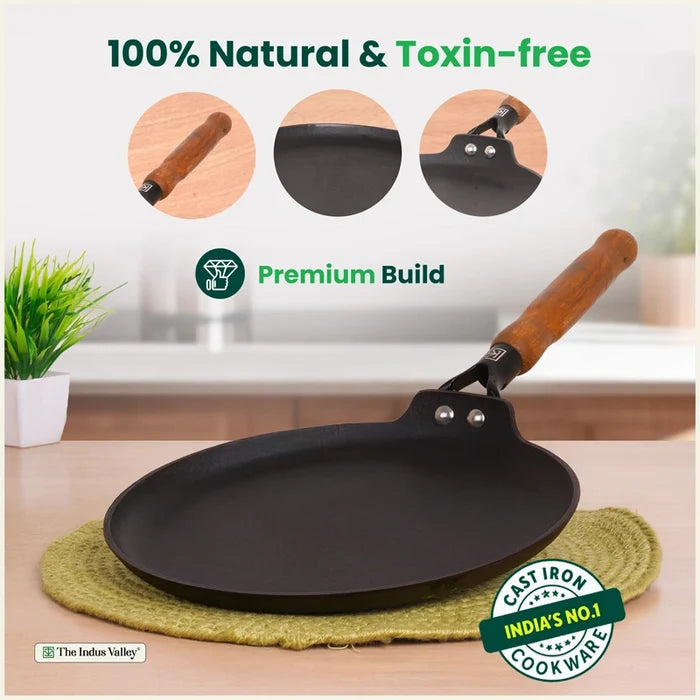Premium CASTrong Cast Iron Dosa Tawa with Wooden Handle 28.2cm, Pre-seasoned, Naturally Nonstick, 100% Pure, Toxin-free, 2kg