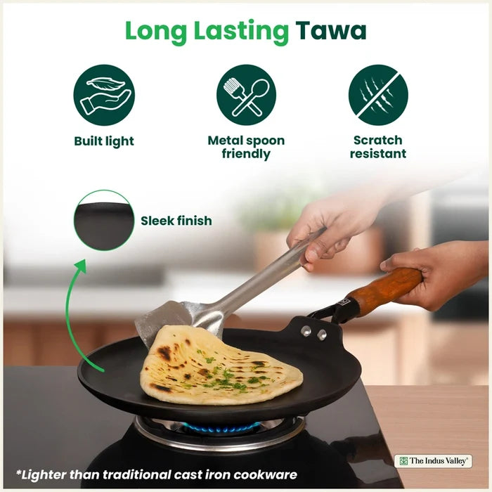 Premium CASTrong Cast Iron Dosa Tawa with Wooden Handle 28.2cm, Pre-seasoned, Naturally Nonstick, 100% Pure, Toxin-free, 2kg