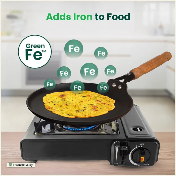 Premium CASTrong Cast Iron Dosa Tawa with Wooden Handle 28.2cm, Pre-seasoned, Naturally Nonstick, 100% Pure, Toxin-free, 2kg