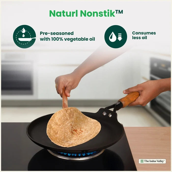 Premium CASTrong Cast Iron Dosa Tawa with Wooden Handle 28.2cm, Pre-seasoned, Naturally Nonstick, 100% Pure, Toxin-free, 2kg