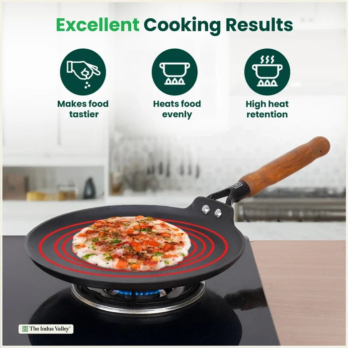 Premium CASTrong Cast Iron Dosa Tawa with Wooden Handle 28.2cm, Pre-seasoned, Naturally Nonstick, 100% Pure, Toxin-free, 2kg