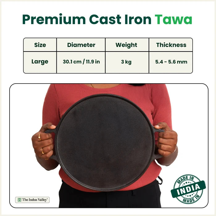 Premium CASTrong Cast Iron Double Handle Tawa 30.1cm, Pre-seasoned, Naturally Nonstick, 100% Pure, Toxin-free 3kg