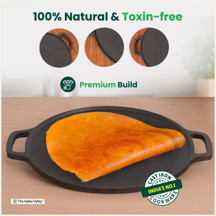 Premium CASTrong Cast Iron Double Handle Tawa 30.1cm, Pre-seasoned, Naturally Nonstick, 100% Pure, Toxin-free 3kg