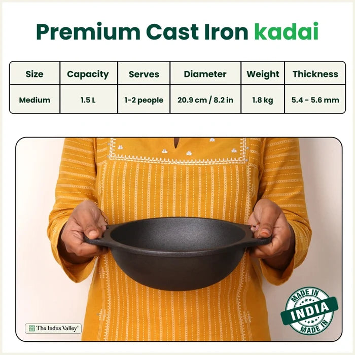 Premium CASTrong Cast Iron Kadai 20.9cm, Pre-seasoned, Naturally Nonstick, 100% Pure, Toxin-free 1.8kg