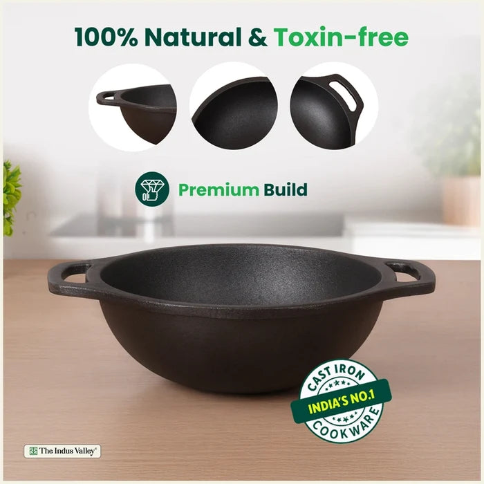 Premium CASTrong Cast Iron Kadai 20.9cm, Pre-seasoned, Naturally Nonstick, 100% Pure, Toxin-free 1.8kg