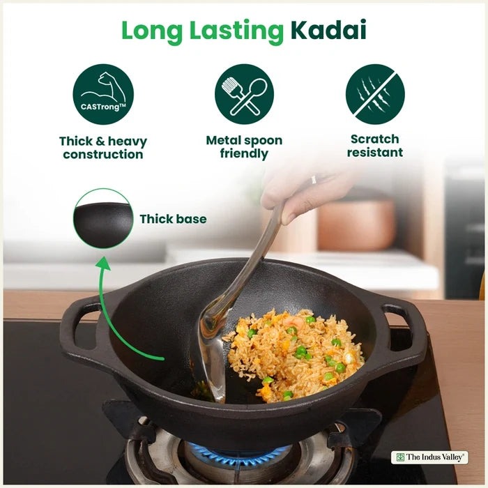 Premium CASTrong Cast Iron Kadai 20.9cm, Pre-seasoned, Naturally Nonstick, 100% Pure, Toxin-free 1.8kg
