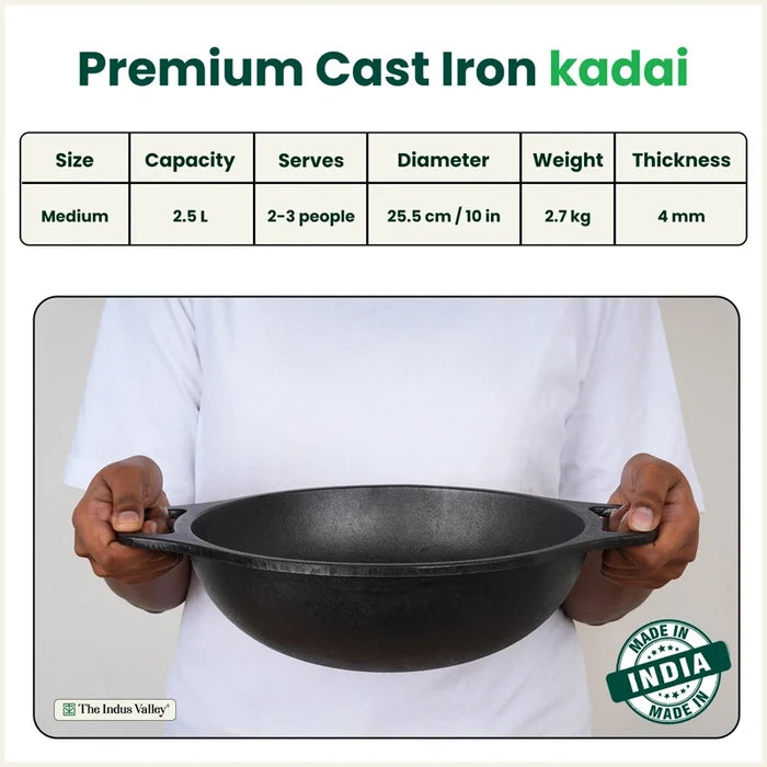 Premium CASTrong Cast Iron Kadai 25.5cm, Pre-seasoned, Naturally Nonstick, 100% Pure, Toxin-free, Medium 2.7kg