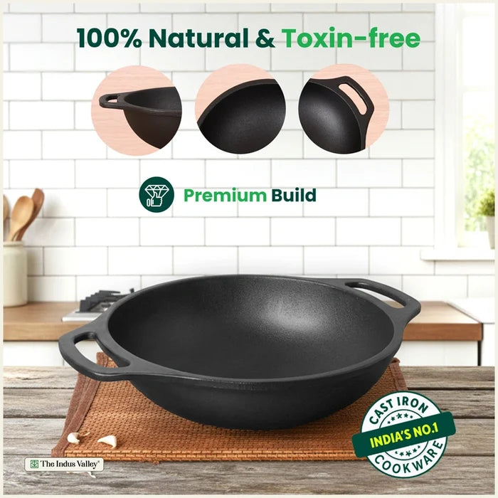 Premium CASTrong Cast Iron Kadai 25.5cm, Pre-seasoned, Naturally Nonstick, 100% Pure, Toxin-free, Medium 2.7kg