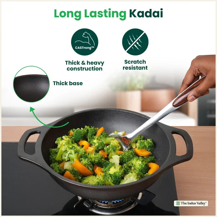 Premium CASTrong Cast Iron Kadai 25.5cm, Pre-seasoned, Naturally Nonstick, 100% Pure, Toxin-free, Medium 2.7kg