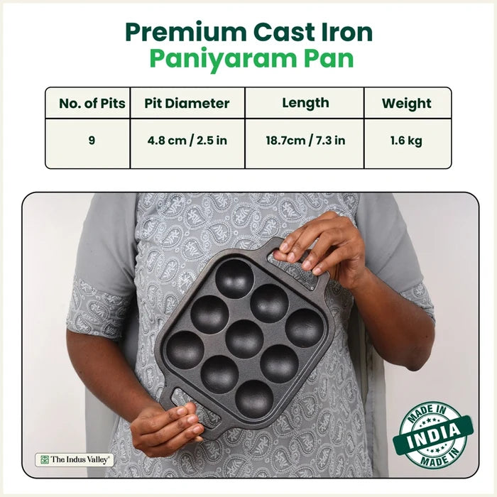 Premium CASTrong Cast Iron Paniyaram Pan 18.7cm, Pre-seasoned, Nonstick, 100% Pure, Toxin-free 1.6kg