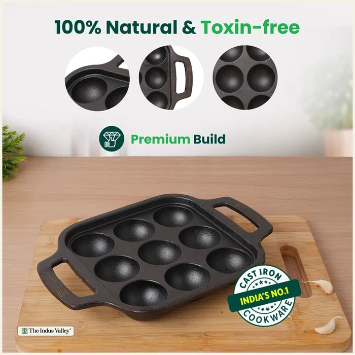 Premium CASTrong Cast Iron Paniyaram Pan 18.7cm, Pre-seasoned, Nonstick, 100% Pure, Toxin-free 1.6kg