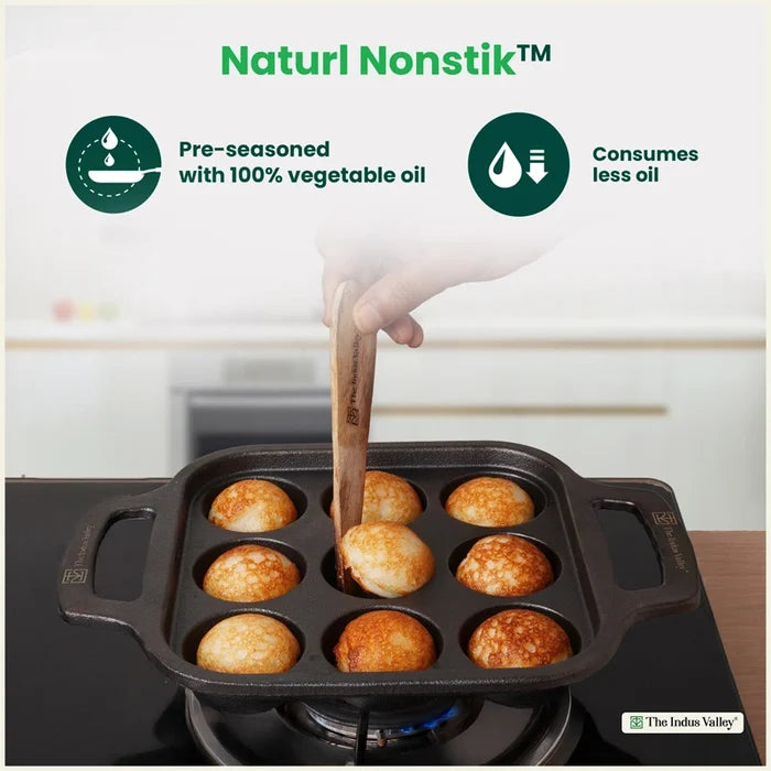Premium CASTrong Cast Iron Paniyaram Pan 18.7cm, Pre-seasoned, Nonstick, 100% Pure, Toxin-free 1.6kg
