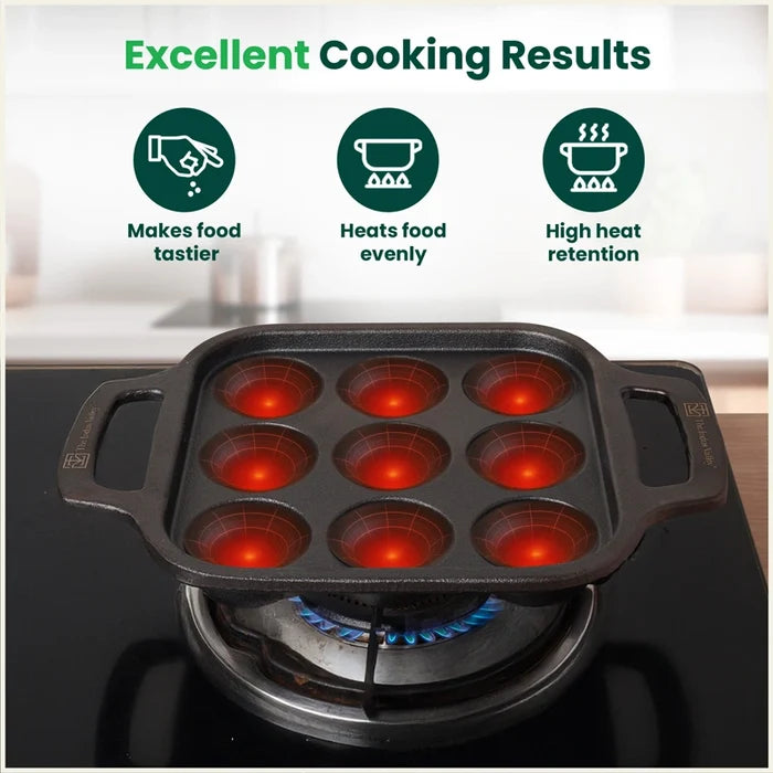 Premium CASTrong Cast Iron Paniyaram Pan 18.7cm, Pre-seasoned, Nonstick, 100% Pure, Toxin-free 1.6kg