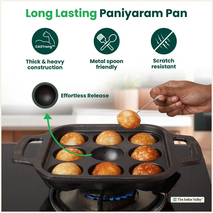 Premium CASTrong Cast Iron Paniyaram Pan 18.7cm, Pre-seasoned, Nonstick, 100% Pure, Toxin-free 1.6kg