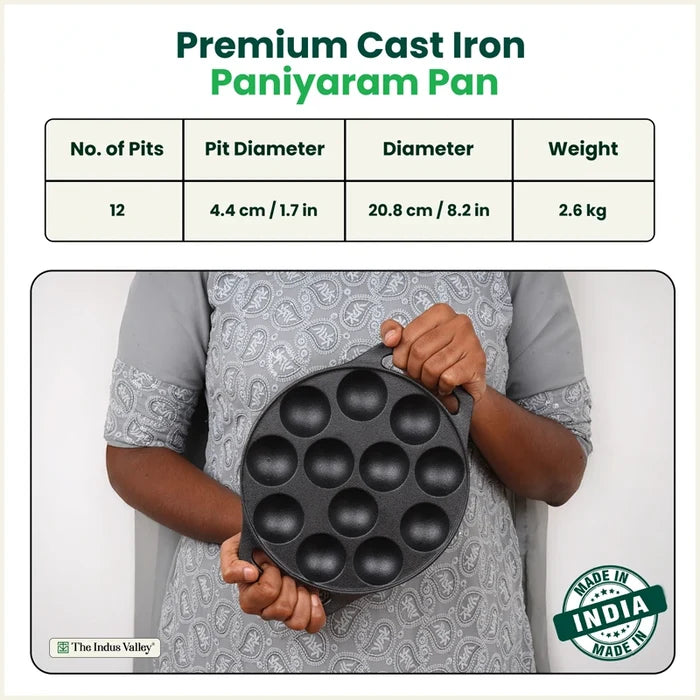 Premium CASTrong Cast Iron Premium Paniyaram Pan 20.8cm, Pre-seasoned, Nonstick, 100% Pure, Toxin-free, Medium 2.6kg