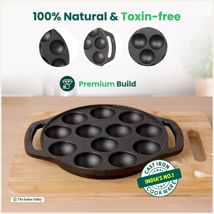 Premium CASTrong Cast Iron Premium Paniyaram Pan 20.8cm, Pre-seasoned, Nonstick, 100% Pure, Toxin-free, Medium 2.6kg