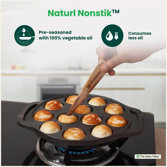 Premium CASTrong Cast Iron Premium Paniyaram Pan 20.8cm, Pre-seasoned, Nonstick, 100% Pure, Toxin-free, Medium 2.6kg