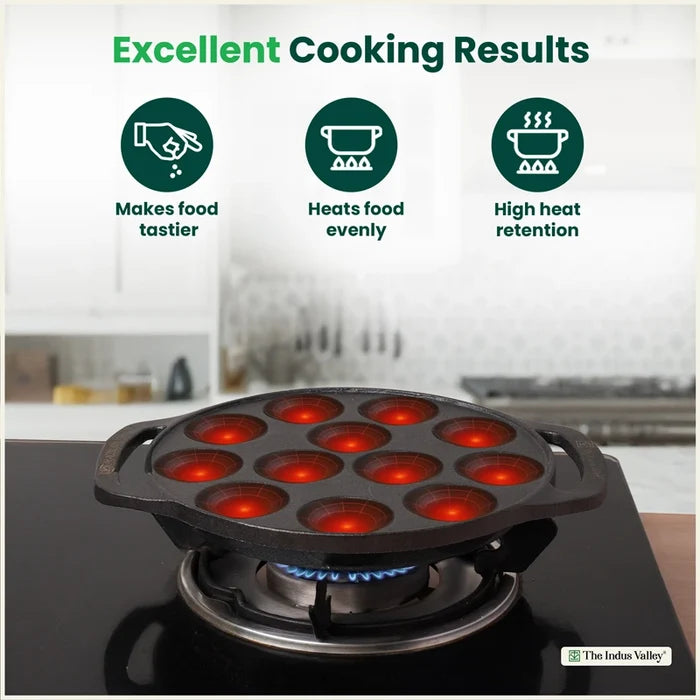Premium CASTrong Cast Iron Premium Paniyaram Pan 20.8cm, Pre-seasoned, Nonstick, 100% Pure, Toxin-free, Medium 2.6kg