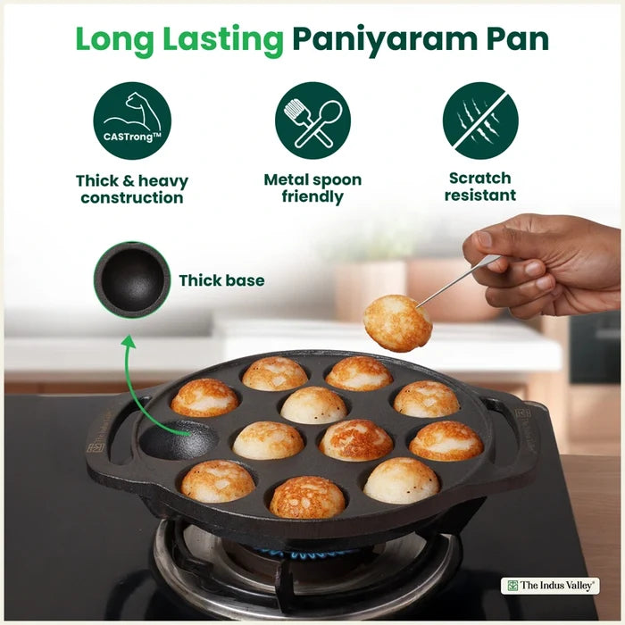 Premium CASTrong Cast Iron Premium Paniyaram Pan 20.8cm, Pre-seasoned, Nonstick, 100% Pure, Toxin-free, Medium 2.6kg