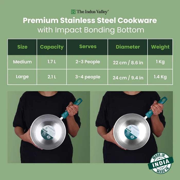 Premium Stainless Steel Impact Bonded Fry Pan | 3-Layer Bottom | Induction & Gas Compatible | 22cm / 24cm