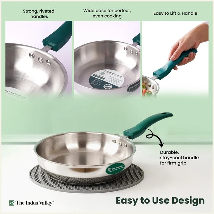 Premium Stainless Steel Impact Bonded Fry Pan | 3-Layer Bottom | Induction & Gas Compatible | 22cm / 24cm