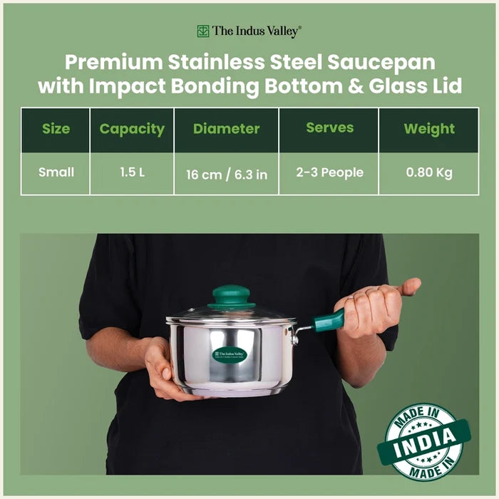 Premium Stainless Steel Saucepan | Impact Bonded 3-Layer Bottom | Induction & Gas Compatible 16cm