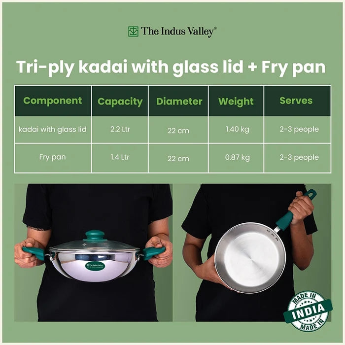 Premium Tri-ply Stainless Steel Cookware Set: 22cm Kadai with Glass Lid + 22cm Frypan, 3 Layer Body, Cool Touch Handles, Induction & Gas Compatible