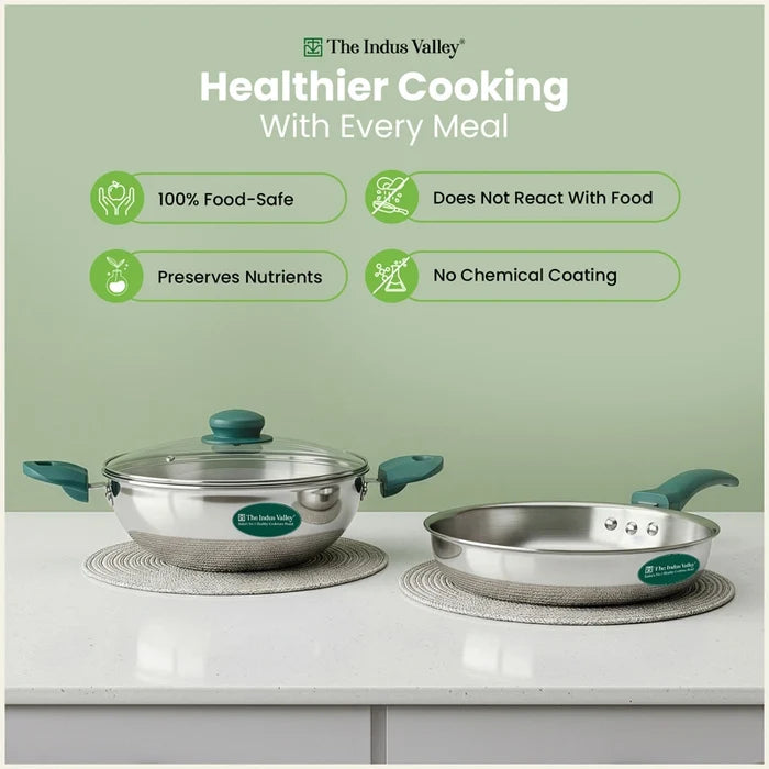 Premium Tri-ply Stainless Steel Cookware Set: 22cm Kadai with Glass Lid + 22cm Frypan, 3 Layer Body, Cool Touch Handles, Induction & Gas Compatible