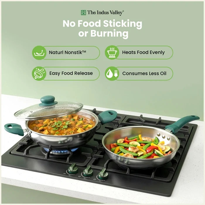 Premium Tri-ply Stainless Steel Cookware Set: 22cm Kadai with Glass Lid + 22cm Frypan, 3 Layer Body, Cool Touch Handles, Induction & Gas Compatible