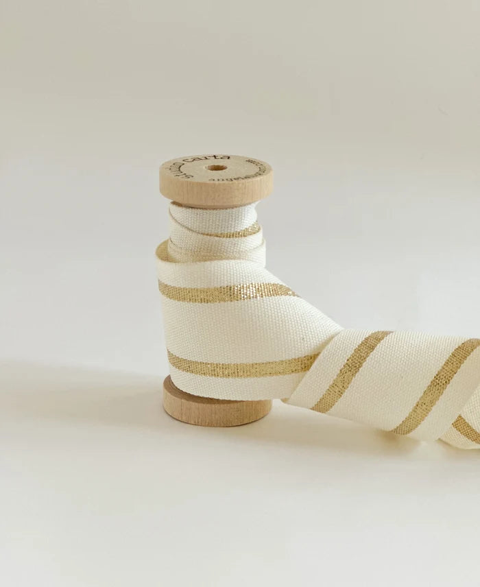 Premium Wood Spool Striped Ribbon, Natural/Gold
