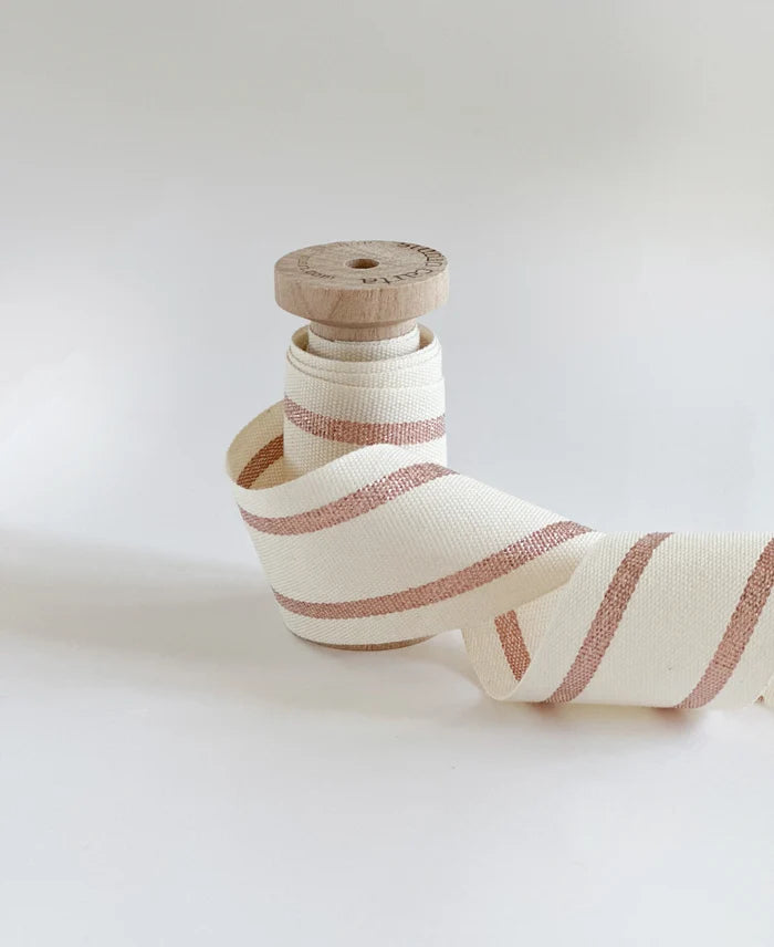 Premium Wood Spool Striped Ribbon, Natural/Rose Gold