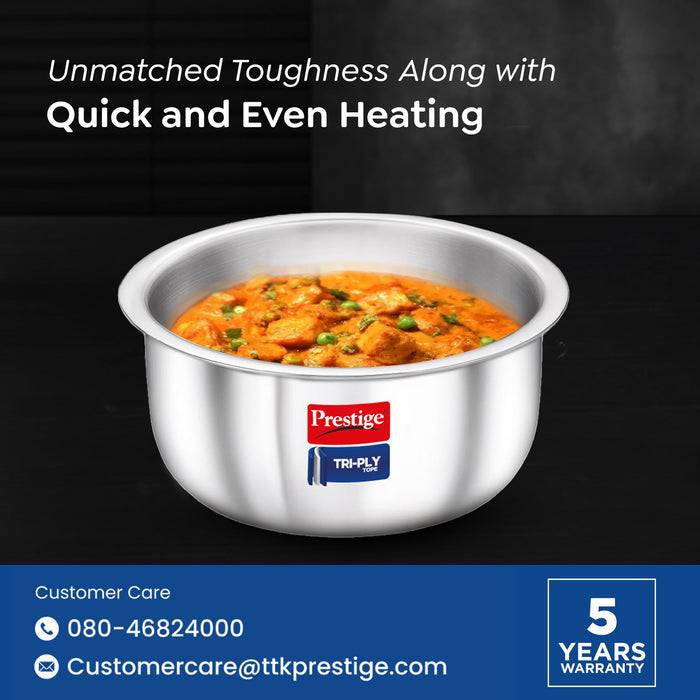 Complete stainless steel tope collection by Prestige showing six different sizes for Indian cooking
