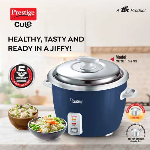 Prestige Cute stainless steel rice cooker 1 litre capacity with close fit lid and steam vent for Indian kitchens
