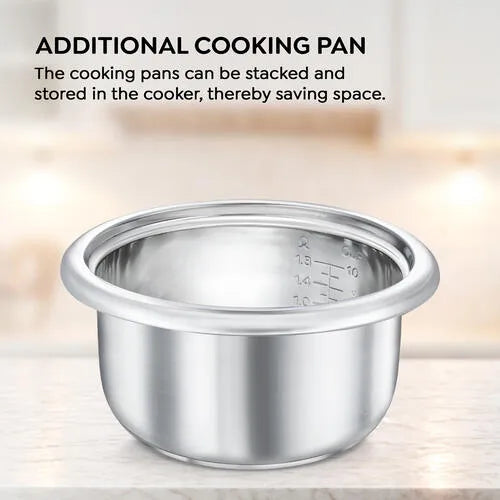 Prestige Cute blue electric rice cooker with additional stainless steel cooking pan included for versatile cooking