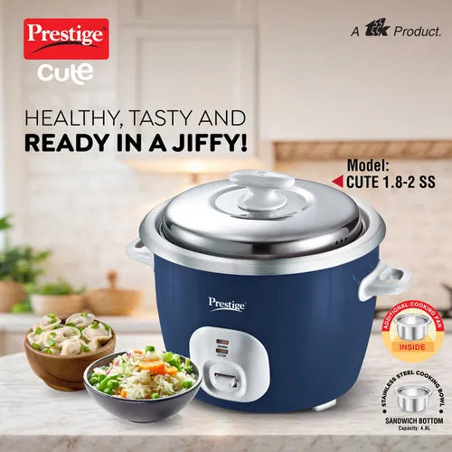 Prestige Cute 1.8-2 SS 1.8 litre rice cooker with stainless steel lid and cook warm indicators