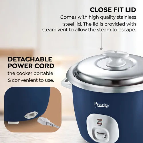 Prestige Cute 1.8-2 SS rice cooker close fit stainless steel lid and detachable power cord feature