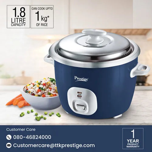 Prestige Cute 1.8-2 SS rice cooker full product view in blue with stainless steel lid and white handles